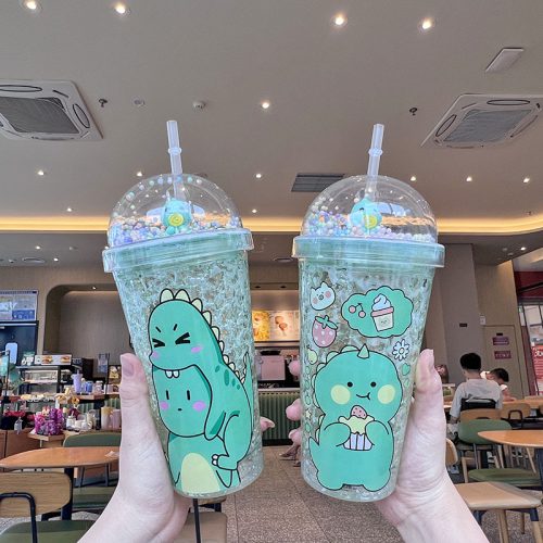 450ml Green Dinosaur Freezing Gel Plastic Double Wall Cup With Straw