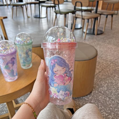 450ml Mermaid Freezing Gel Plastic Double Wall Cup With Straw