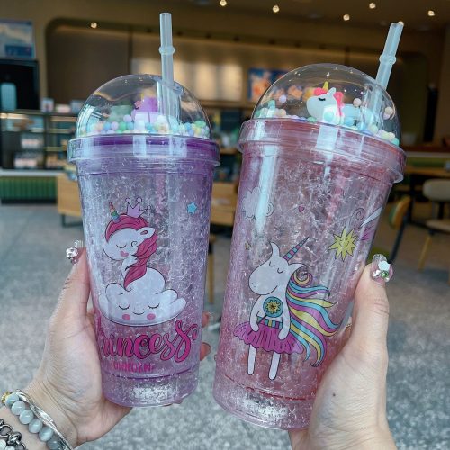 450ml Unicorn Freezing Gel Plastic Double Wall Cup With Straw