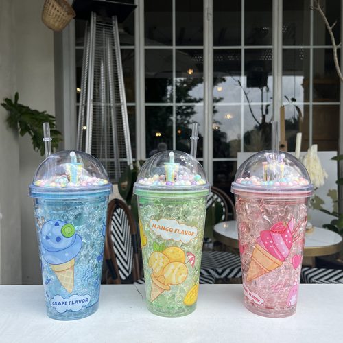 450ml Plastic Double-Layer Cooling Gel Plastic Straw Cup